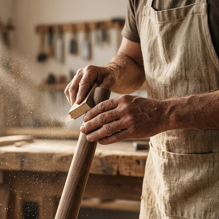 Meubelmaker schuurt met de hand een houten stoelpoot in de werkplaats